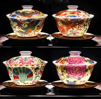 180ml,farba smalt gaiwan, tradičné číne drak maľby, keramický kung fu čaj kanvica na čaj obrad, porcelán, dekorácie