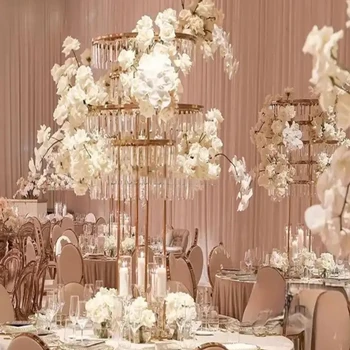 3pcs110cm 120 cm vysoký) 5 väzby crystal vodopád zlata kovový kvet stojí svadobný stôl centerpieces pre domáce podujatia dekorácie 420