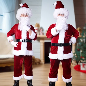 Veľkoobchod Vianoce, Santa Claus Kostýmy pre Dospelých Mužov Velvet Santa Oblek s Darčekové Tašky Vianoce, Santa Claus Oblečenie 9/10Pcs
