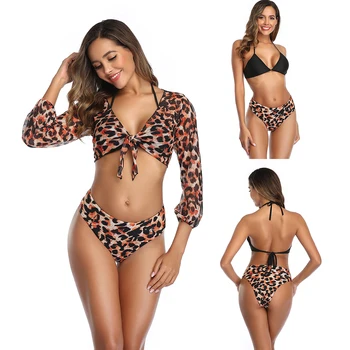Ženy Sexy Plavky, Bikiny Nastaviť Leopard Tri-Kus Split Plavky Čalúnená Wirefree Strappy Kryt Do Plaviek Mikro Plavky
